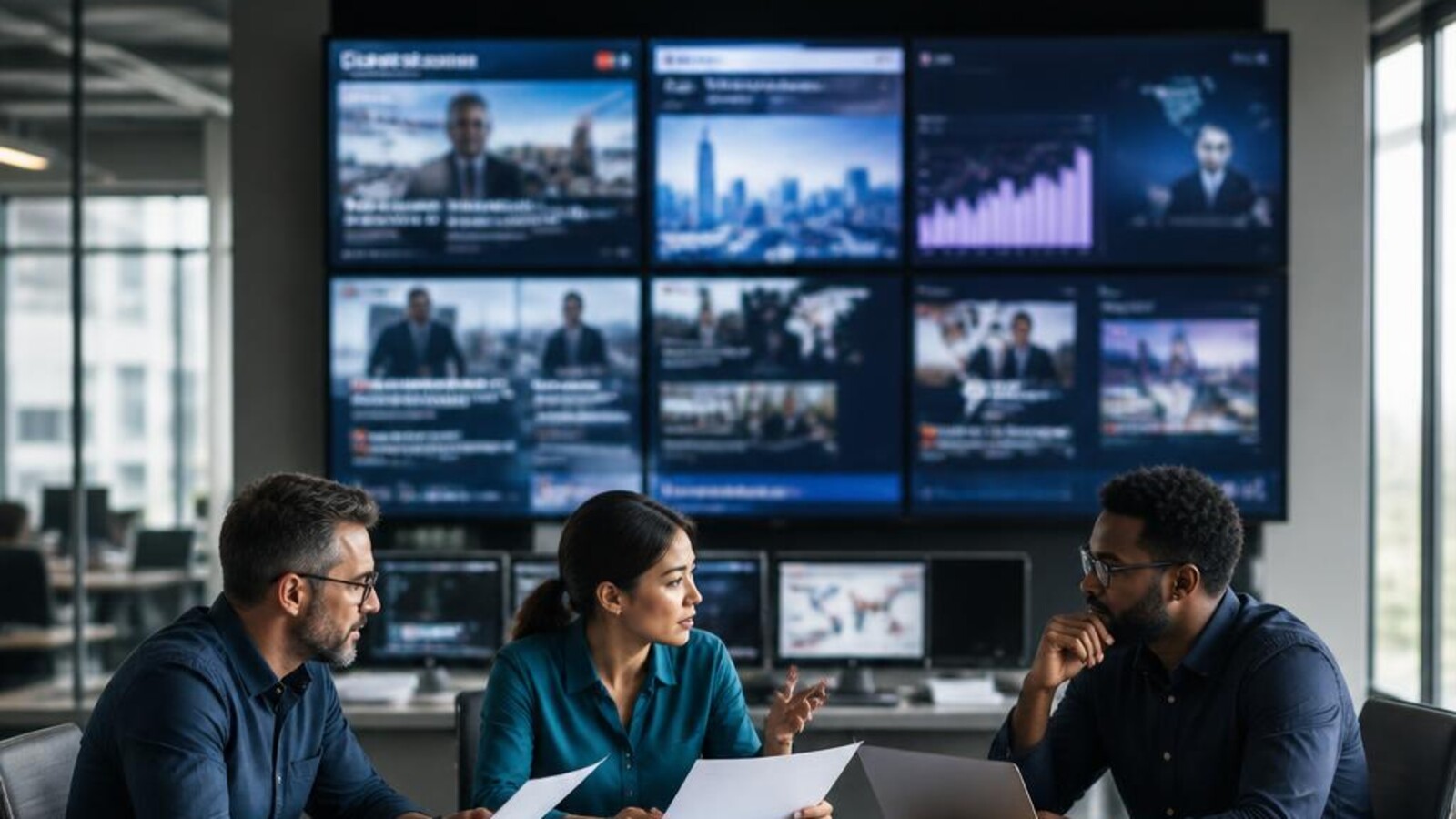 Public relations professionals reviewing a press release and media coverage in a modern newsroom.