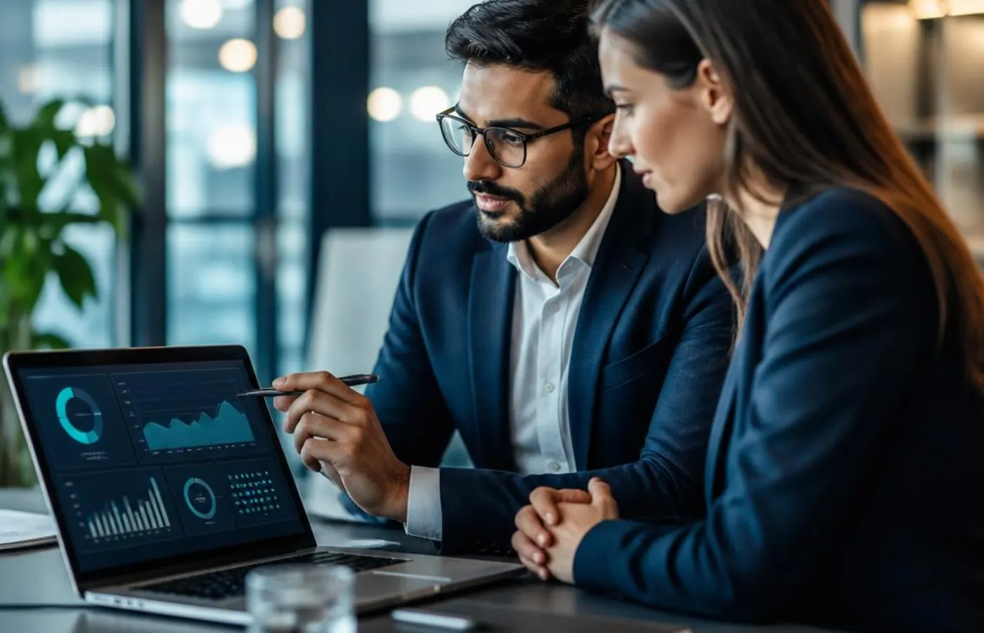 Financial technology professionals reviewing abstract payment analytics in an office