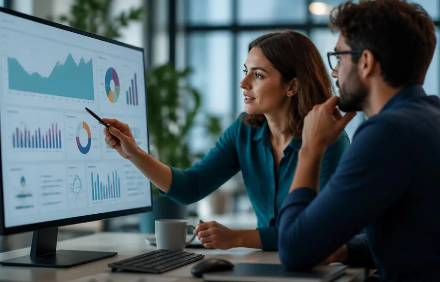 Software teammates reviewing an abstract analytics dashboard during product planning