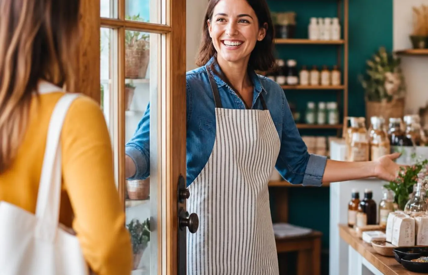 An independent neighborhood shop owner welcoming a customer into a local storefront
