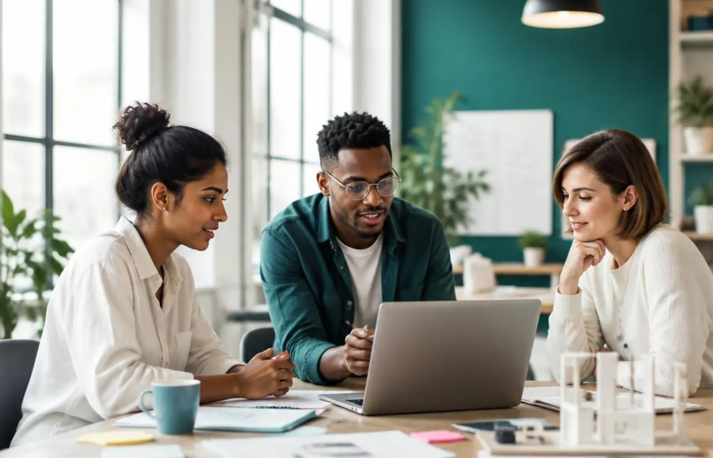 A small startup founder team planning a product launch together in a bright workspace