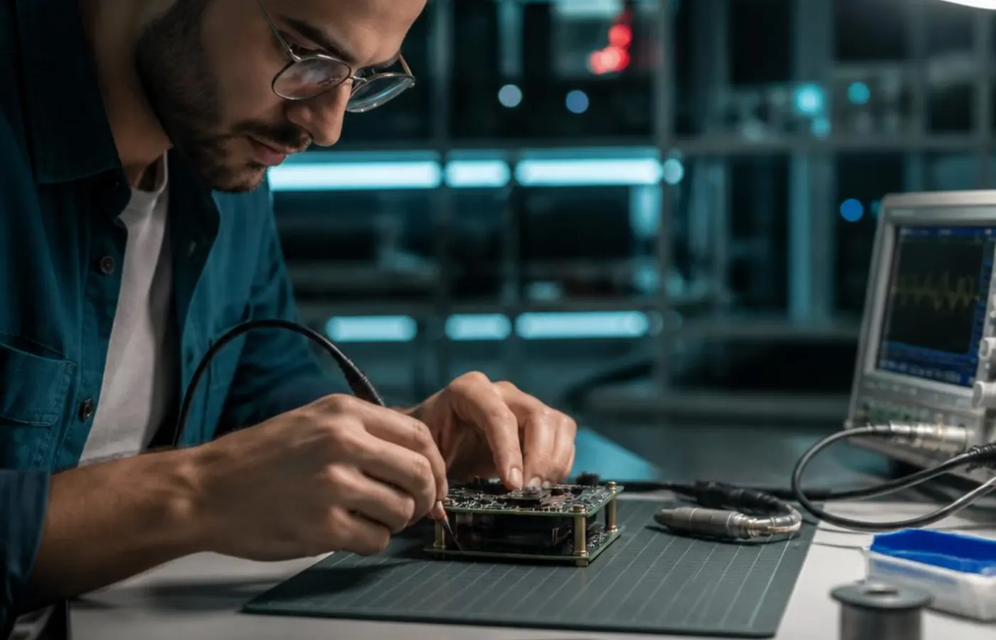 An engineer testing a compact hardware prototype and circuit board at a lab bench